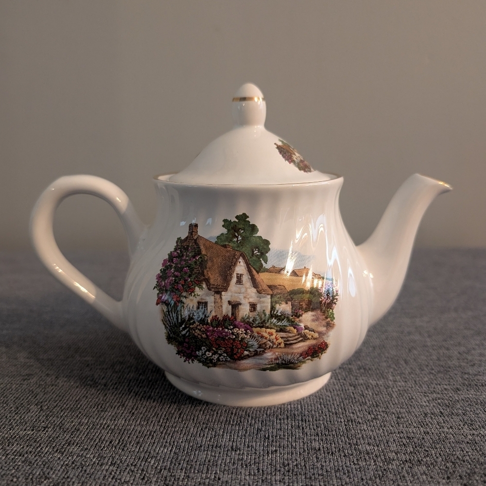 Arthur Wood & Son Staffordshire Swirled Teapot with Cottage Scene, 6290